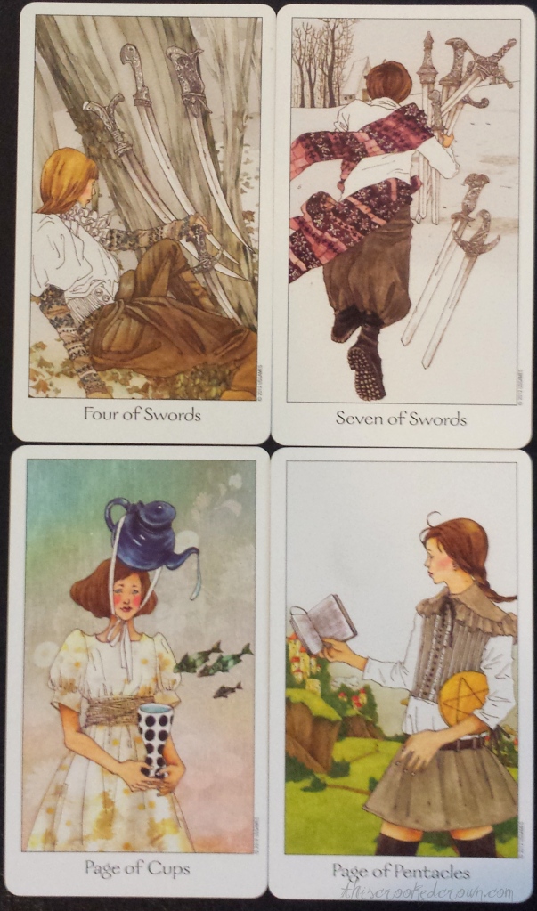 Another set of favorites from the Dreaming Way Tarot.  Four of Swords, Seven of Swords, Page of Cups, Page of Pentacles